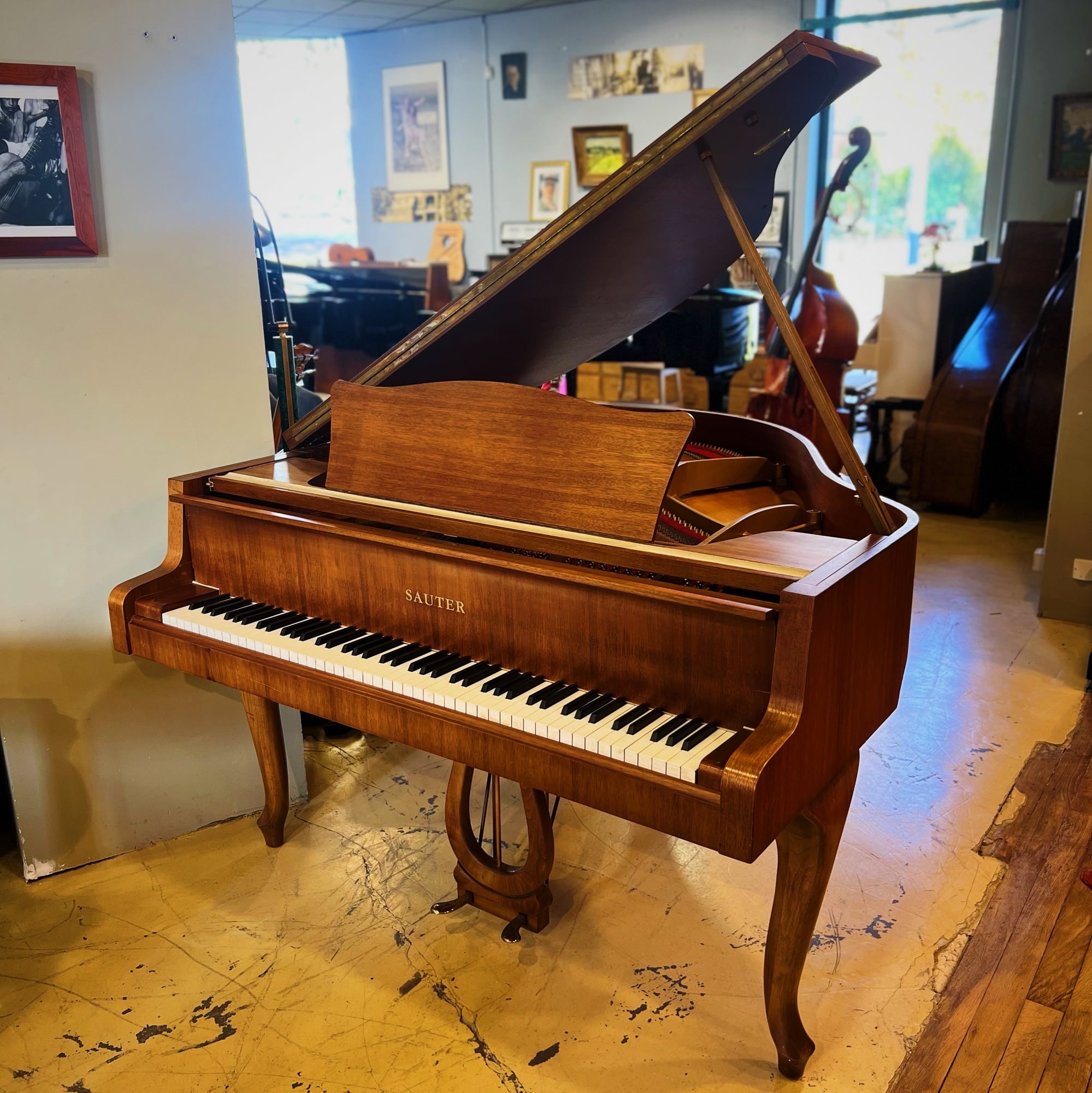 Piano à queue Sauter 160 Chippendale en noyer satiné, modèle d’occasion exposé dans le showroom Bonnaventure Piano à Caen.