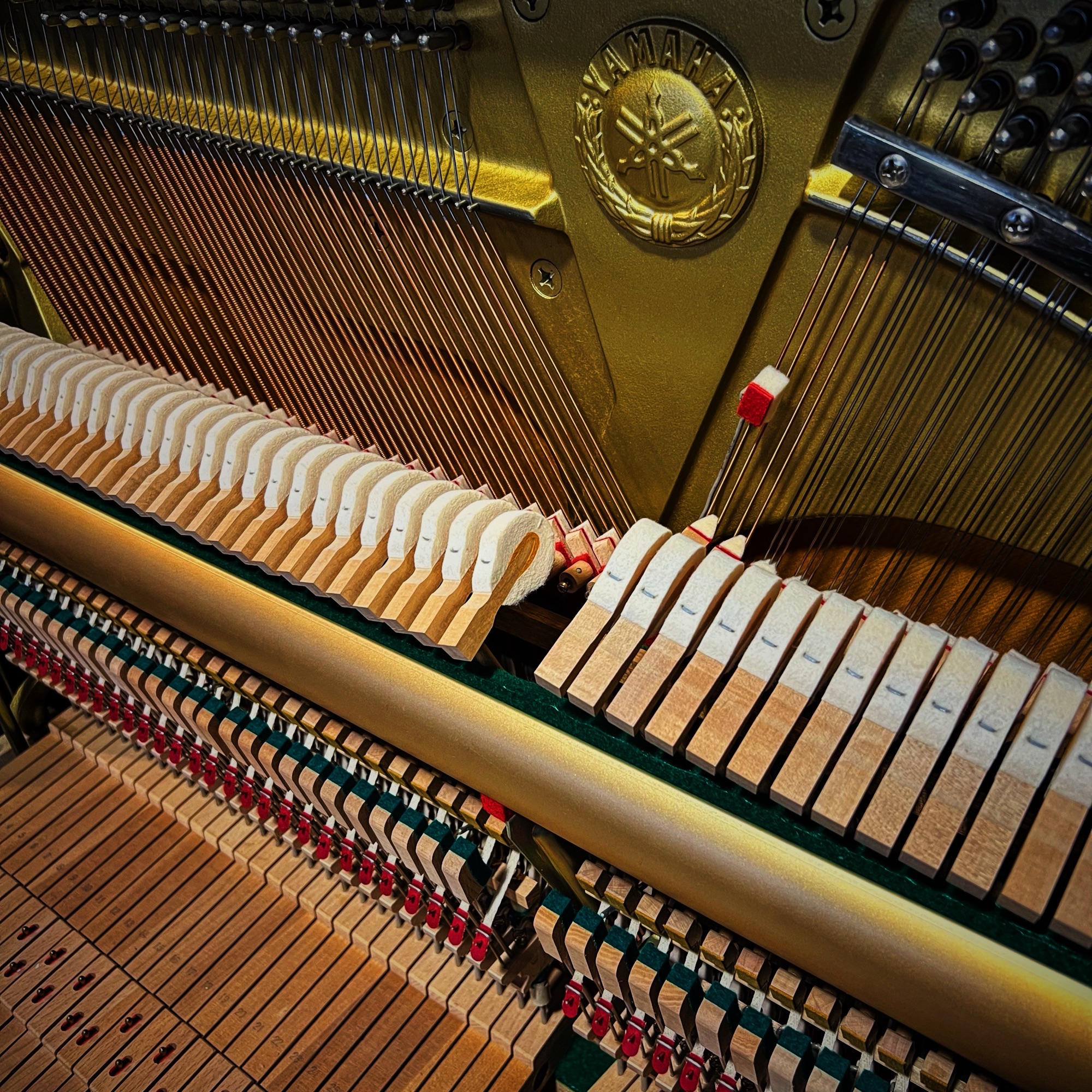 Intérieur d’un piano Yamaha d’occasion, réglé et harmonisé dans l’atelier Bonnaventure à Caen, spécialiste des grandes marques de piano.